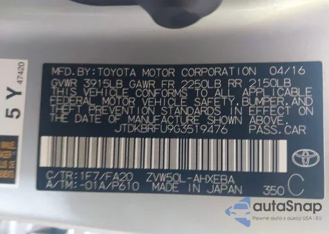 2016 Toyota Prius Two from USA, damaged, VIN JTDKBRFU9G3519476